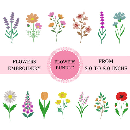 Grid showcase of twelve distinct embroidered wildflower motifs including lavender, daisy, poppy, tulip, and foxglove designs.