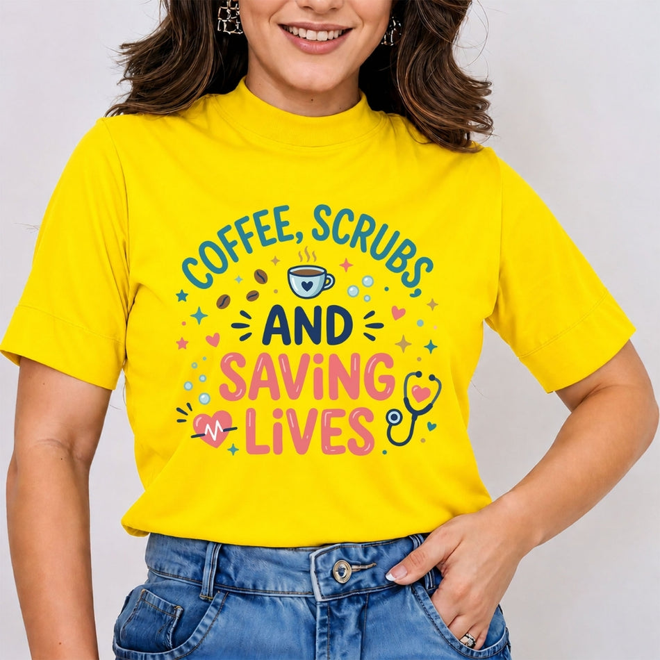 A woman wearing a bright yellow graphic t-shirt with the text 'COFFEE, SCRUBS, AND SAVING LIVES' in blue, navy, and pink, paired with blue jeans against a light gray background.