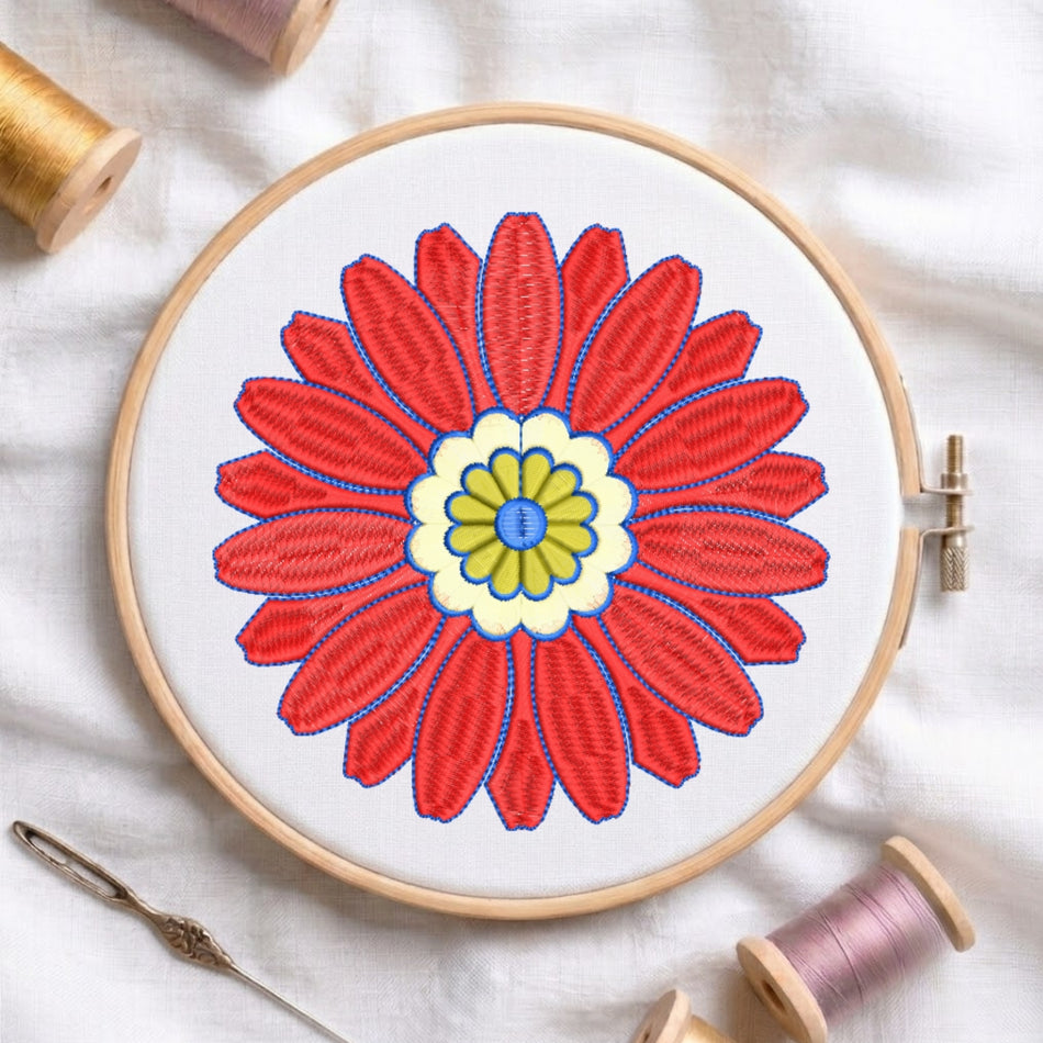 Bold Red Radial Floral Mandala Machine Embroidery Design ED 170