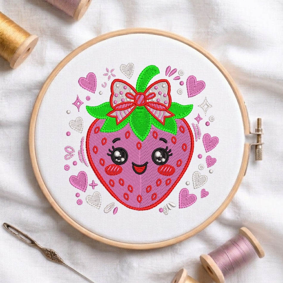 Cute Purple Strawberry with Bow Machine Embroidery Design ED 49
