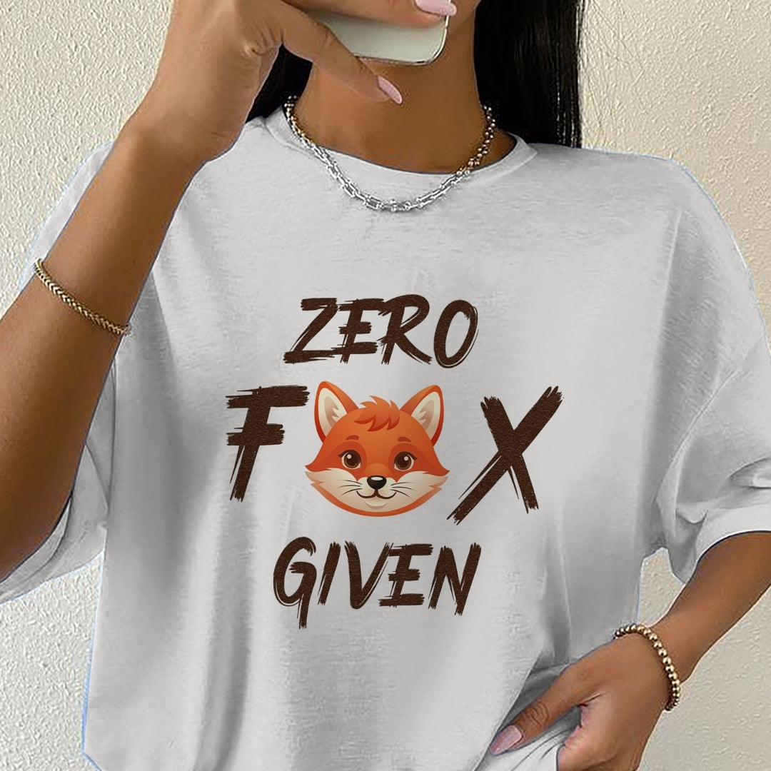Person wearing a white t-shirt with a fox graphic and text 'ZERO FOX GIVEN' against a plain background