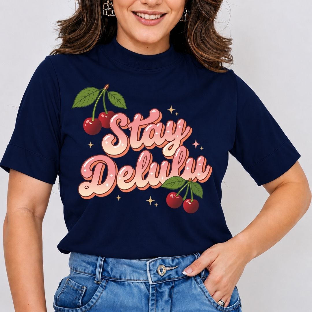 Person wearing a navy blue t-shirt with 'Stay Delulu' text and cherries on a plain background