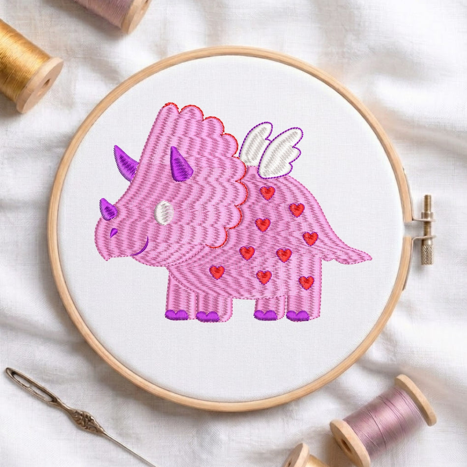 Whimsical Winged Heart Triceratops Machine Embroidery Design ED 197