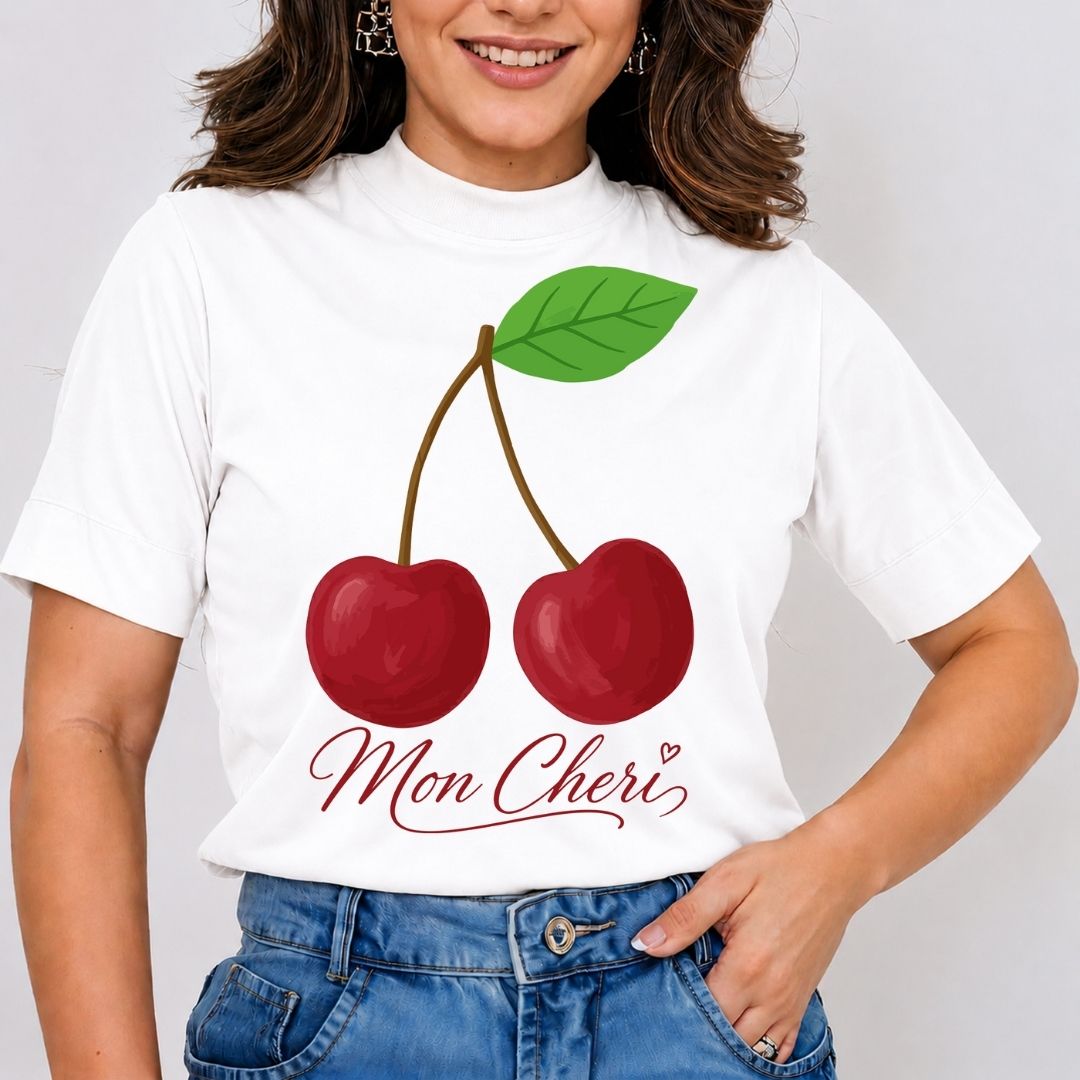 Mon Cheri Cherry SVG PNG, Cute French Cherry Clipart, Coquette Summer Aesthetic Sublimation Graphic File