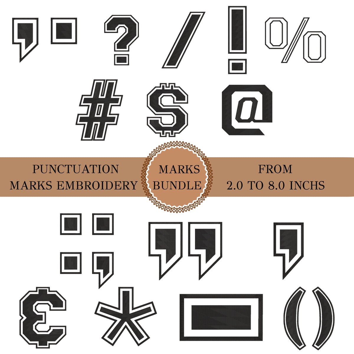A digital preview sheet showing multiple black-and-white embroidery-style punctuation and mark symbols, including question marks, exclamation marks, percent signs, hashes, dollar signs, at signs, quotation marks, parentheses, and currency symbols. A tan banner across the center reads 'PUNCTUATION MARKS EMBROIDERY MARKS BUNDLE FROM 2.