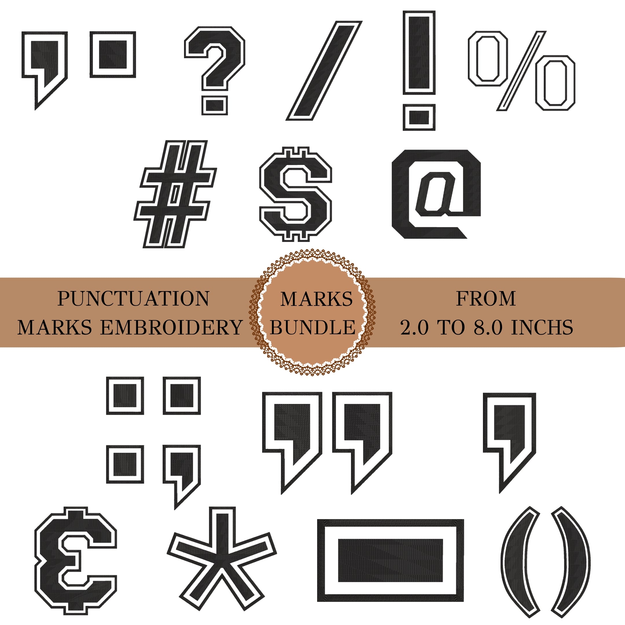 A digital preview sheet showing multiple black-and-white embroidery-style punctuation and mark symbols, including question marks, exclamation marks, percent signs, hashes, dollar signs, at signs, quotation marks, parentheses, and currency symbols. A tan banner across the center reads 'PUNCTUATION MARKS EMBROIDERY MARKS BUNDLE FROM 2.