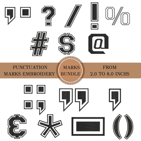 A digital preview sheet showing multiple black-and-white embroidery-style punctuation and mark symbols, including question marks, exclamation marks, percent signs, hashes, dollar signs, at signs, quotation marks, parentheses, and currency symbols. A tan banner across the center reads 'PUNCTUATION MARKS EMBROIDERY MARKS BUNDLE FROM 2.