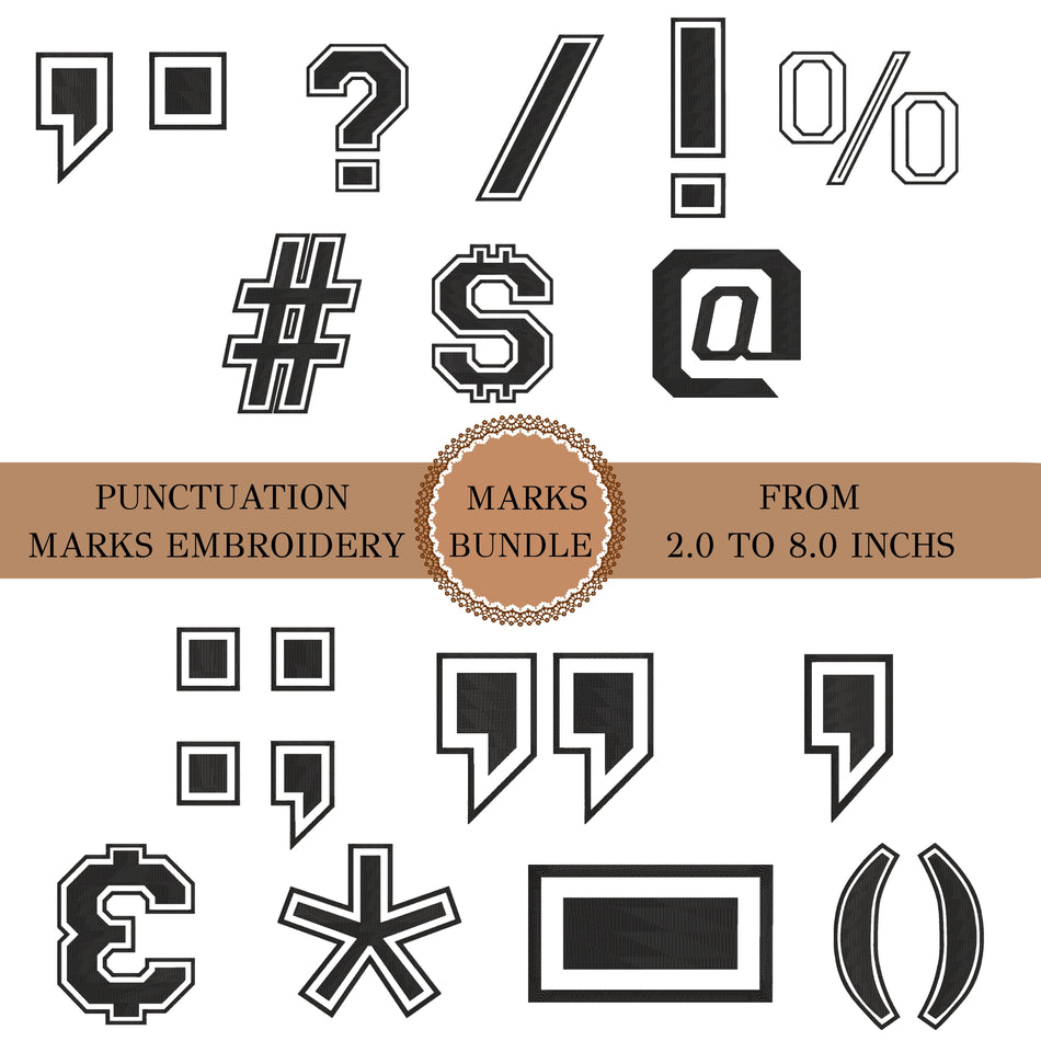 A digital preview sheet showing multiple black-and-white embroidery-style punctuation and mark symbols, including question marks, exclamation marks, percent signs, hashes, dollar signs, at signs, quotation marks, parentheses, and currency symbols. A tan banner across the center reads 'PUNCTUATION MARKS EMBROIDERY MARKS BUNDLE FROM 2.