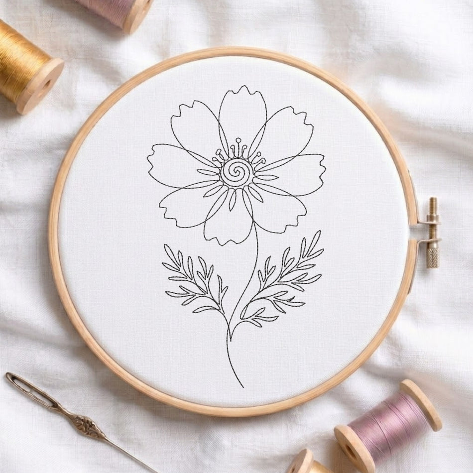 Embroidery hoop with floral design on a white fabric background