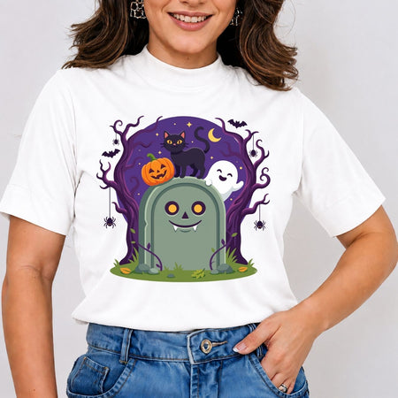 A woman wearing a white short-sleeve t-shirt with a colorful cartoon Halloween graphic on the front, paired with blue jeans, against a light gray background.