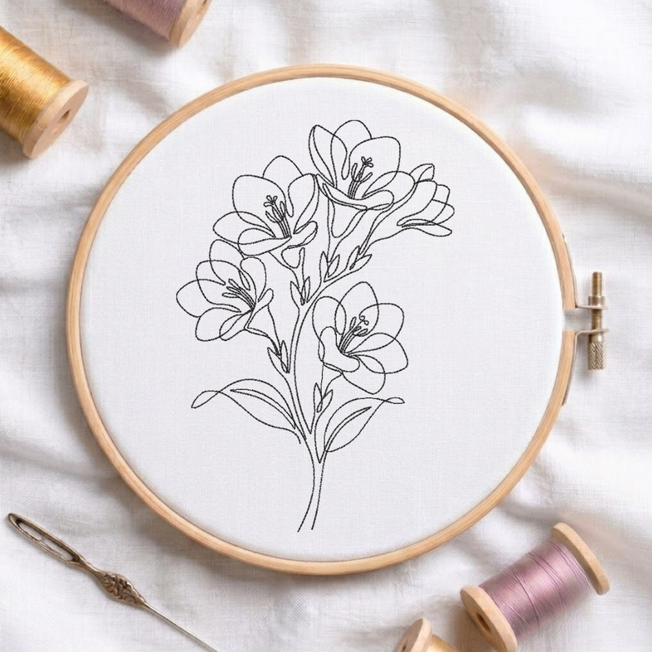Freesia Flower One Line Embroidery Design, Minimalist Botanical Machine Embroidery File, Elegant Floral Bouquet Hoop Pattern, Instant Download PES DST