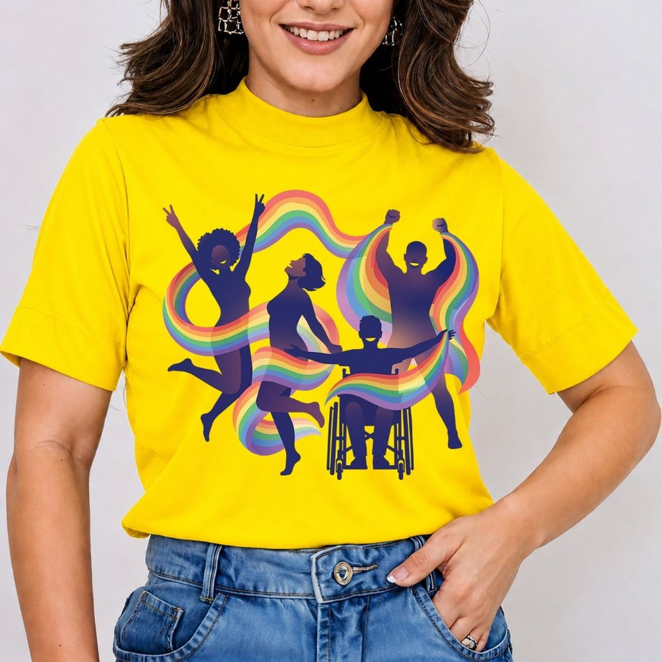 Person wearing a yellow t-shirt with a design of people with rainbow-colored ribbons.