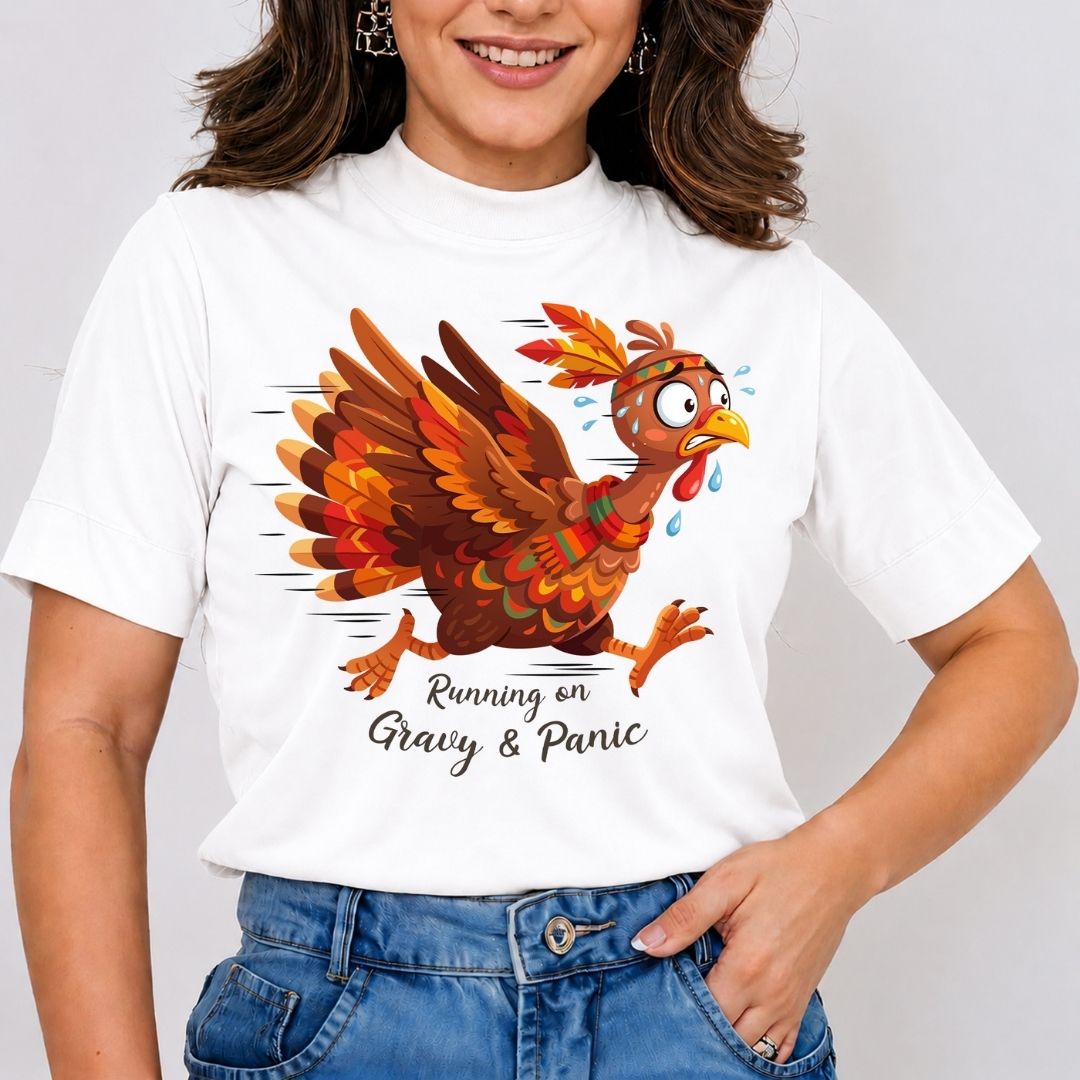Front view mockup of a woman wearing a white short-sleeve t-shirt featuring a funny graphic of a panicked, running turkey with sweat drops, wearing a scarf and headband, above the text "Running on Gravy & Panic".