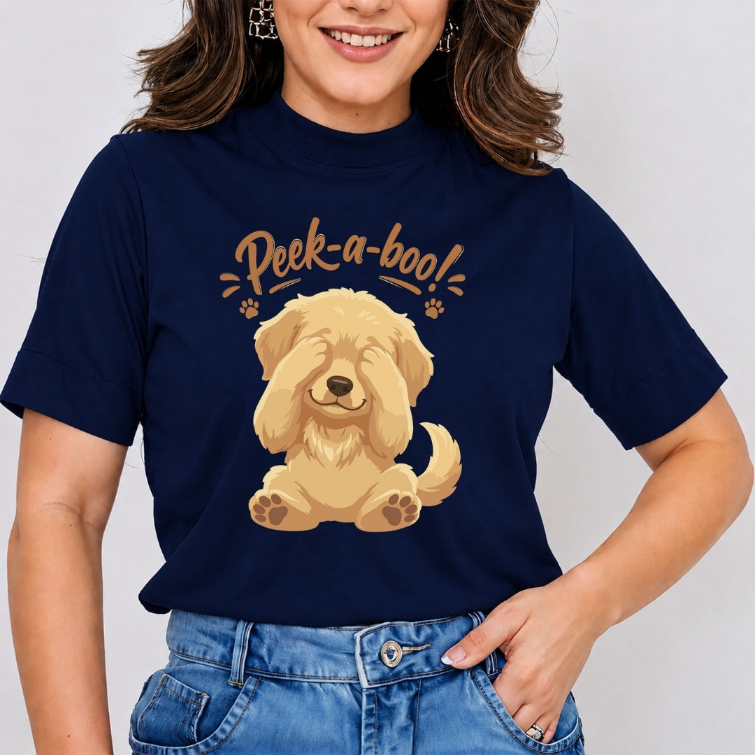 Women's Navy Blue T-Shirt with Peek-a-boo Golden Retriever Graphic