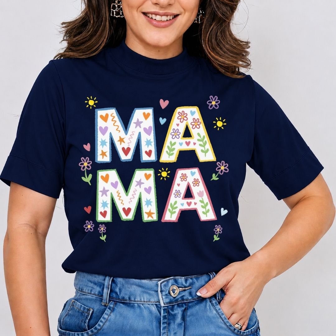 Person wearing a navy blue t-shirt with colorful 'MAMA' design on a plain background