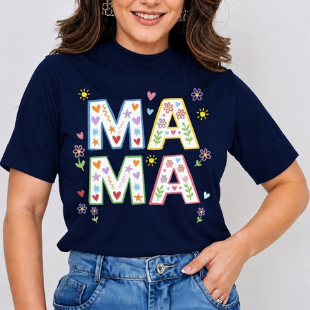 Person wearing a navy blue t-shirt with colorful 'MAMA' design on a plain background