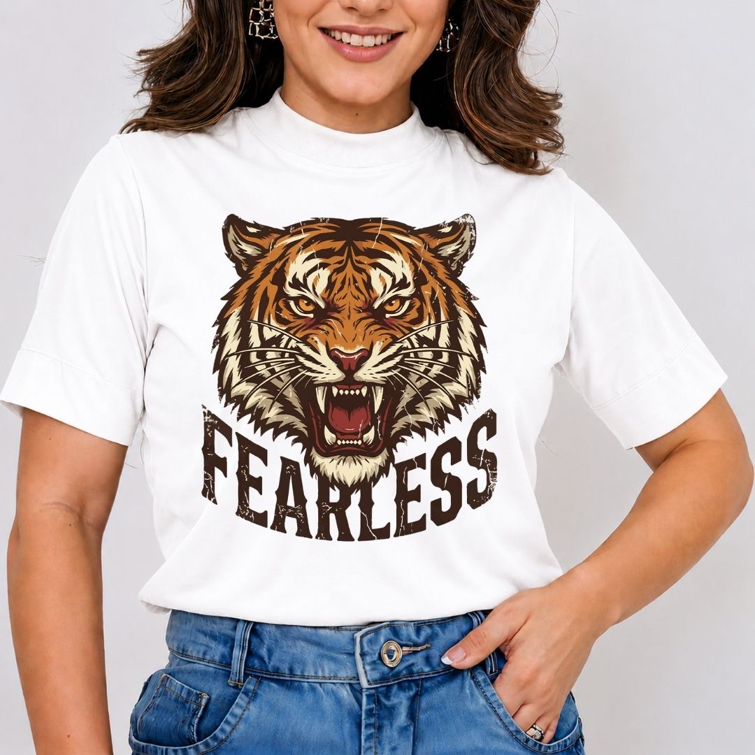 Person wearing a white t-shirt with a tiger graphic and 'FEARLESS' text on a plain background