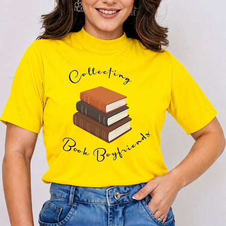 Women's Yellow Mock Neck T-Shirt with Collecting Book Boyfriends Graphic