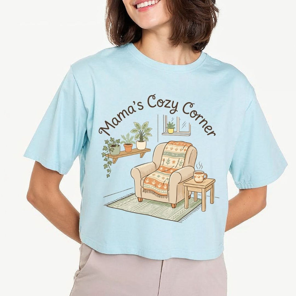 Women's Light Blue Cropped T-Shirt with Mama's Cozy Corner Print