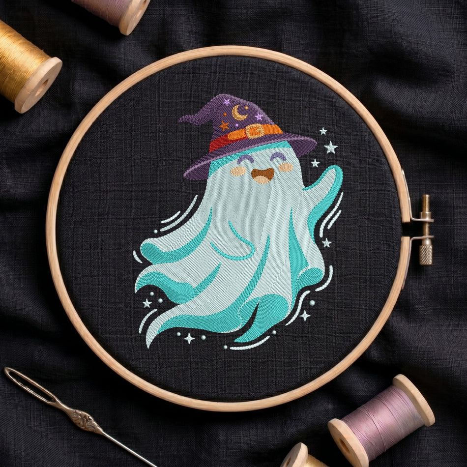 Cute Halloween Ghost with Witch Hat Machine Embroidery Design - ED 325