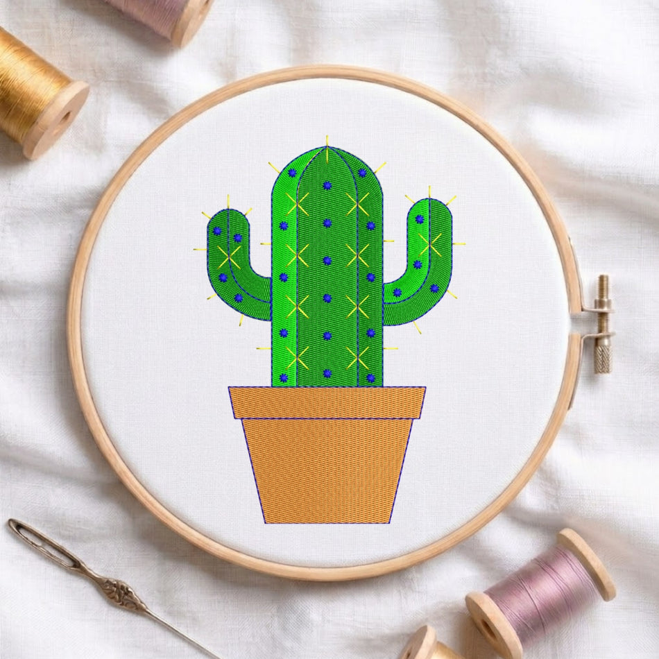 Vibrant Potted Cactus Botanical Machine Embroidery Design ED 208