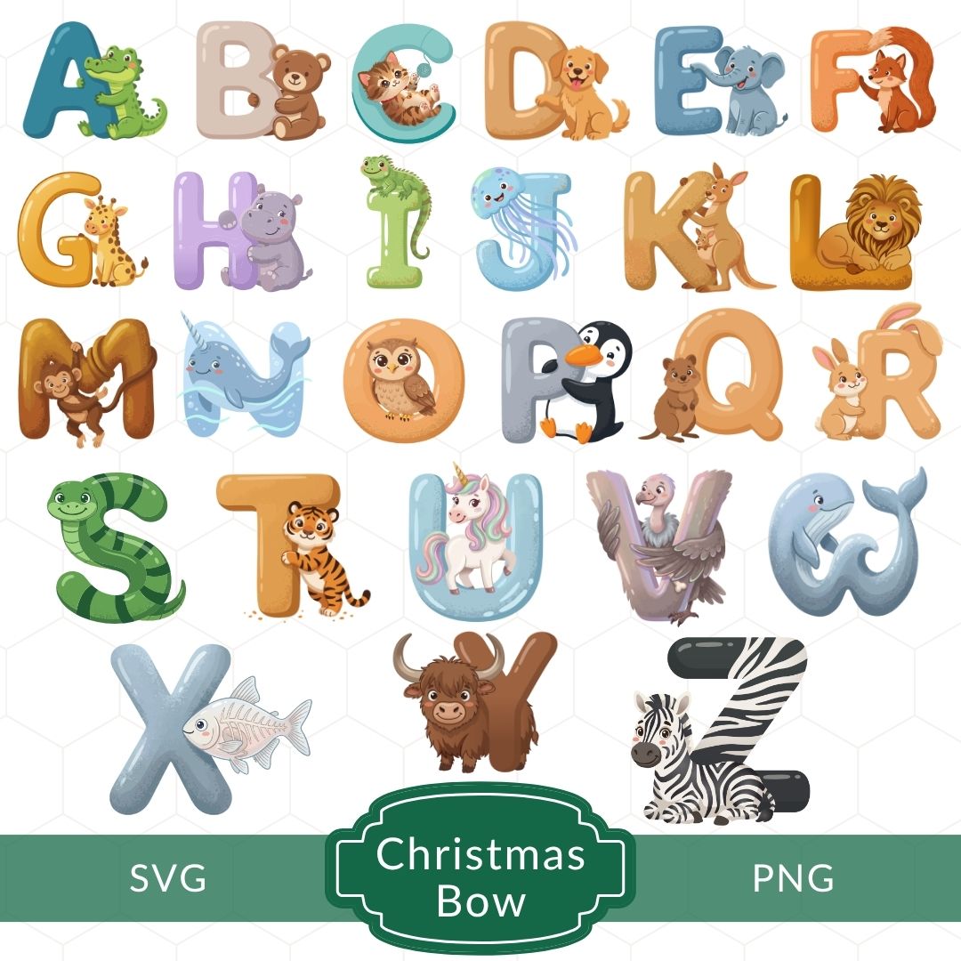 A full alphabet set from A to Z, with each letter paired with a cute illustrated animal like an alligator, dog, jellyfish, penguin, owl, and zebra.