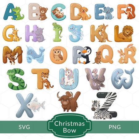A full alphabet set from A to Z, with each letter paired with a cute illustrated animal like an alligator, dog, jellyfish, penguin, owl, and zebra.