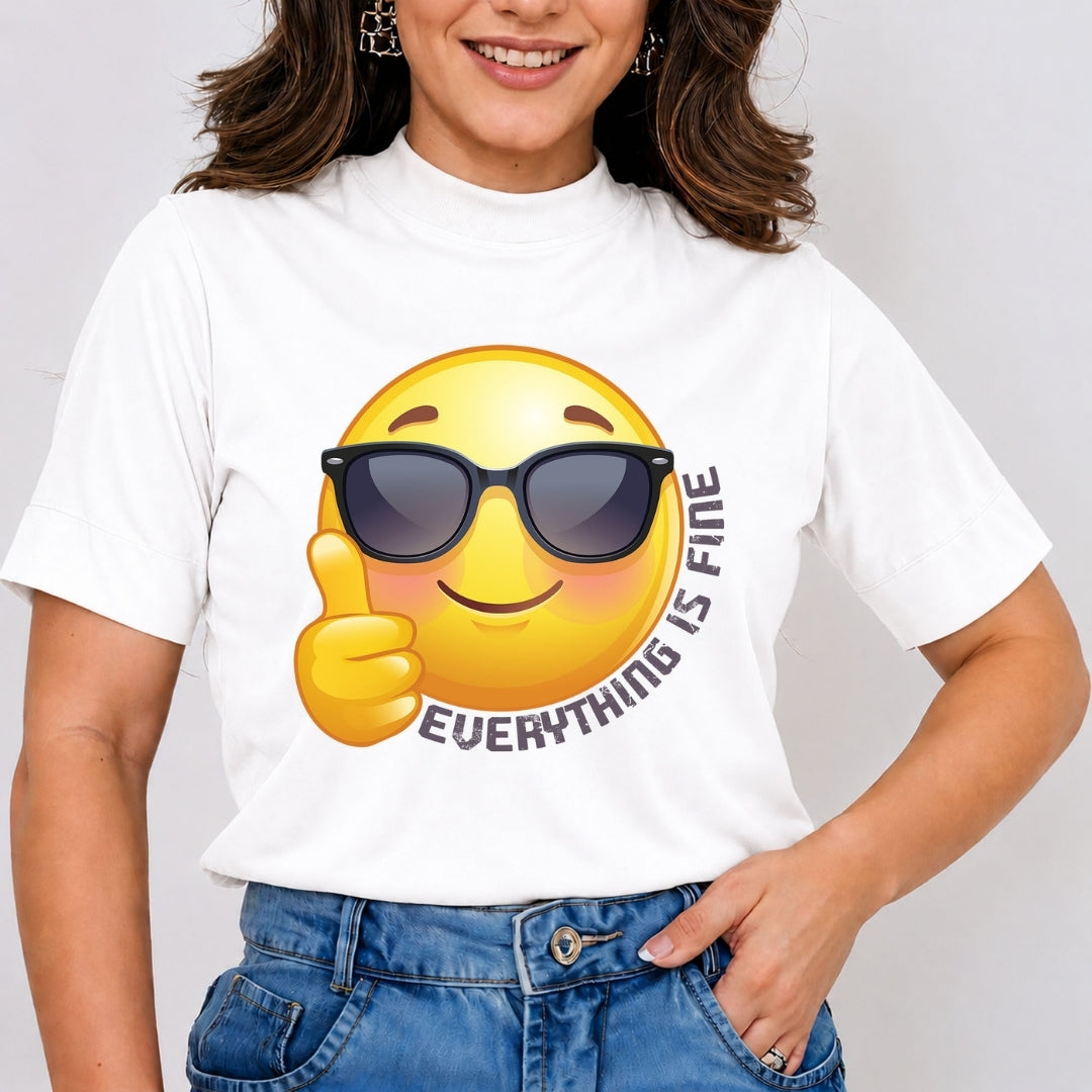Women's White T-Shirt with Sunglasses Emoji Print