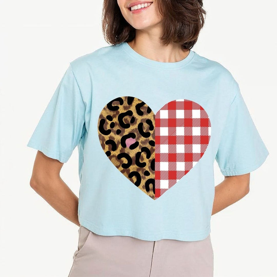 Women's Light Blue Cropped T-Shirt with Leopard and Plaid Heart Print