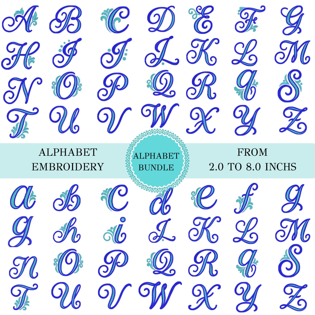 Alphabet embroidery font preview showing uppercase and lowercase script letters A through Z in blue with small light blue floral accents, arranged in a grid on a white background with a central teal badge reading 'ALPHABET BUNDLE'.