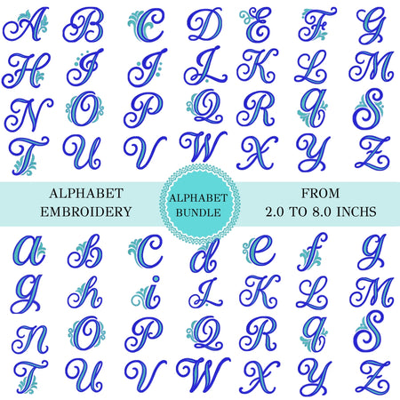Alphabet embroidery font preview showing uppercase and lowercase script letters A through Z in blue with small light blue floral accents, arranged in a grid on a white background with a central teal badge reading 'ALPHABET BUNDLE'.