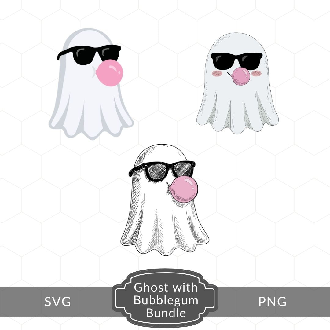 Three cartoon ghost illustrations wearing black sunglasses and blowing pink bubblegum, shown on a light gray patterned background with a gray banner at the bottom reading 'Ghost with Bubblegum Bundle' and 'SVG PNG'.