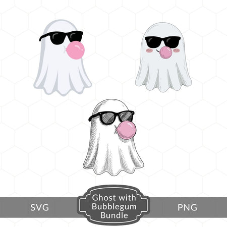 Three cartoon ghost illustrations wearing black sunglasses and blowing pink bubblegum, shown on a light gray patterned background with a gray banner at the bottom reading 'Ghost with Bubblegum Bundle' and 'SVG PNG'.