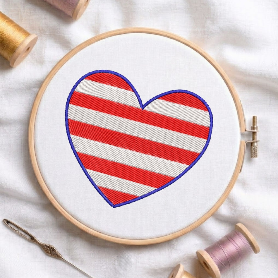 Patriotic Red and White Striped Heart Machine Embroidery Design - ED 305