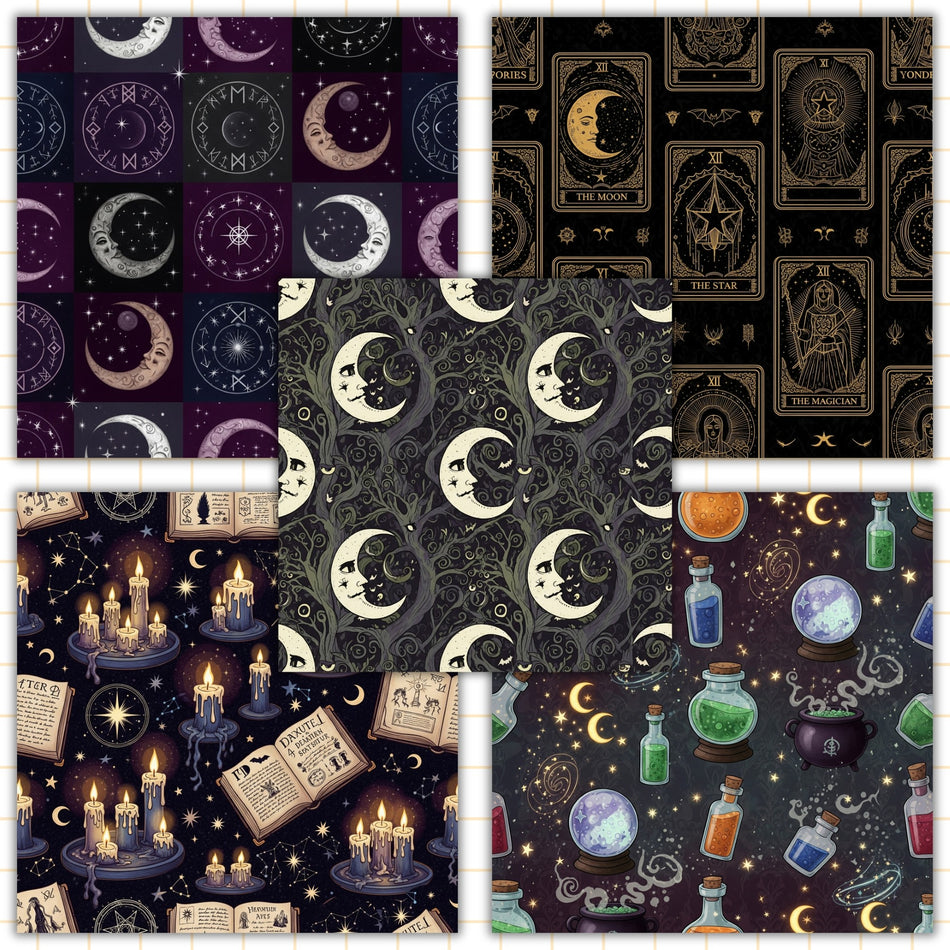 Witchy Digital Paper | 5 Seamless PNG Patterns | Tarot, Potion & Moon Sublimation | Instant Download - C87