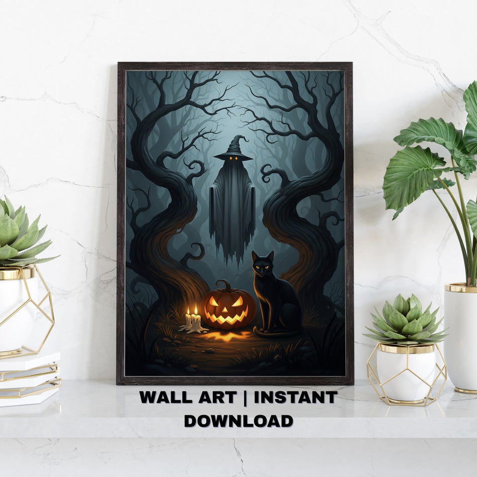 Spooky Ghost Wall Art PNG | Halloween Sublimation Design | Black Cat & Pumpkin Clipart | Instant Download - C185