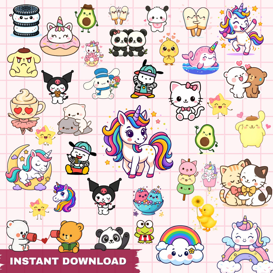 Kawaii PNG Clipart Bundle | 99+ Cute Anime Style Designs | Unicorn, Panda & Cat | Instant Download - C41