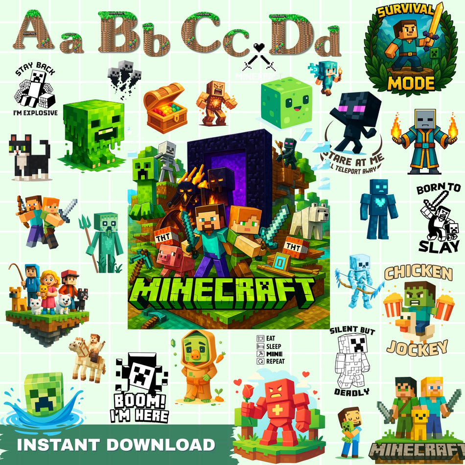 Minecraft Clipart Bundle | 55 PNG Sublimation Designs | Alphabet & Numbers | Instant Download - C44