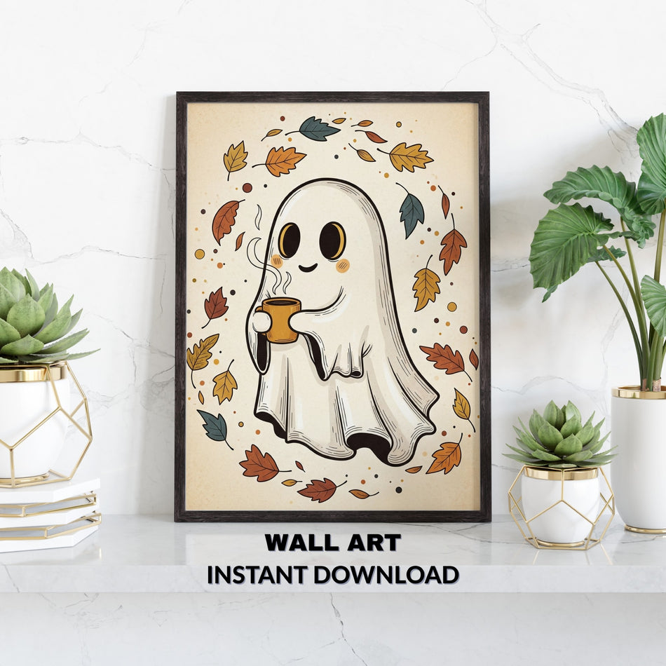 Cozy Ghost Wall Art PNG Bundle | 4 Cute Sublimation Designs | Autumn Leaves & Coffee | Instant Download - C192