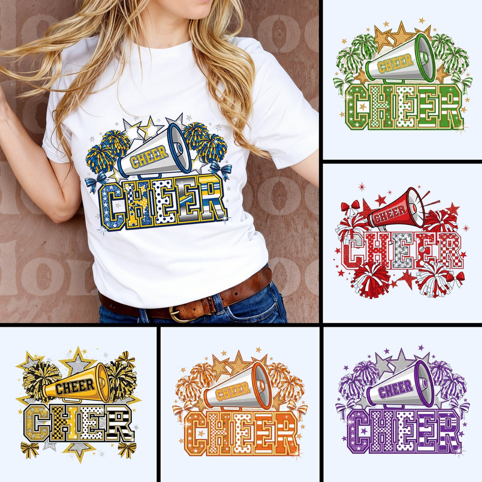 Cheer PNG Bundle | 6 Glitter Sports Sublimation Designs | Megaphone & Pom-Poms | Instant Download - C153