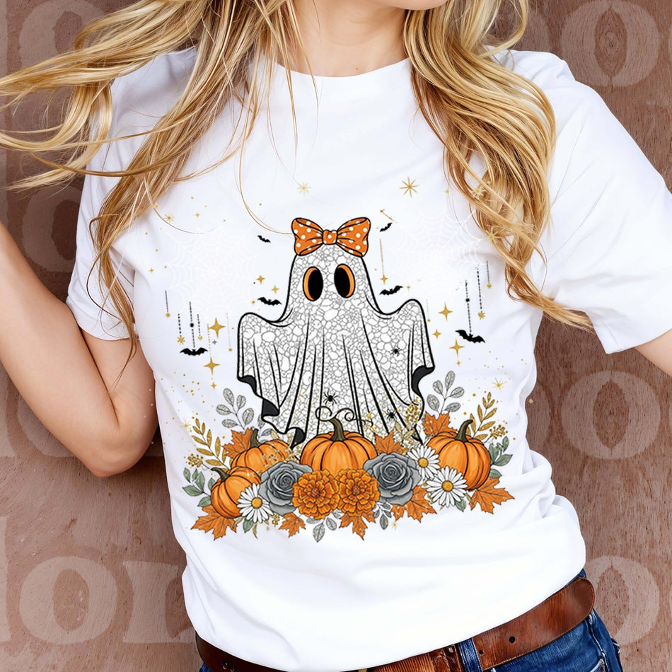 Cute Ghost PNG | Halloween Sublimation Design | Ghost with Bow & Pumpkins | Instant Download - C166