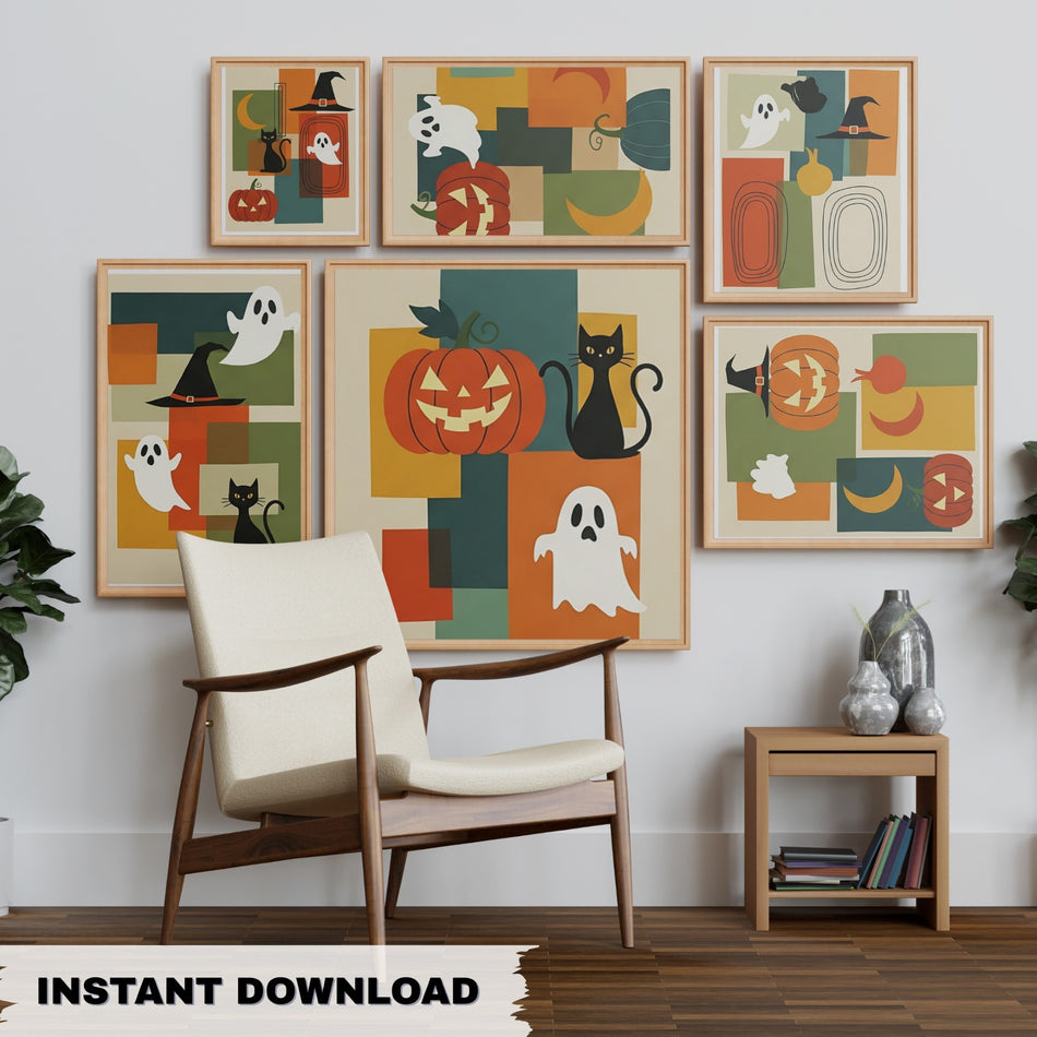 Retro Halloween Wall Art PNG | 6 Mid-Century Modern Designs | Spooky Decor | Instant Download - C184