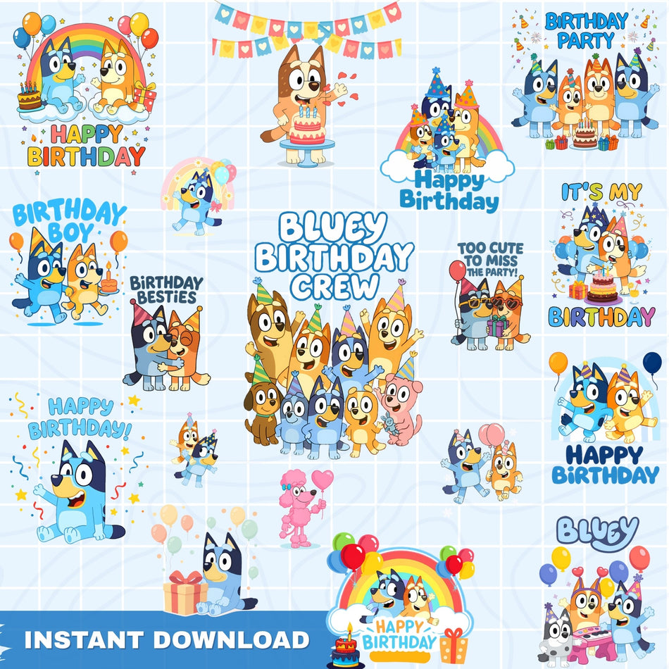 Bluey Birthday PNG Bundle | 34 Clipart Designs | Blue Dog Sublimation | Instant Download - C50