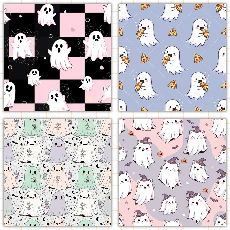 Halloween Ghost Digital Paper | 4 Seamless PNG Patterns | Spooky Sublimation Designs | Instant Download - C85