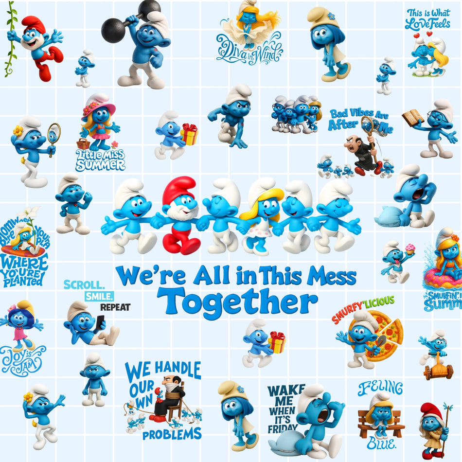 The Smurfs PNG Bundle | 32 Cute Cartoon Designs | We're All in This Mess Together | Instant Download - C39