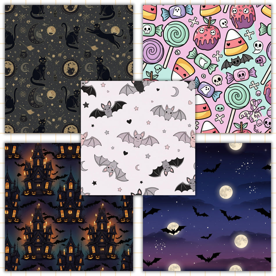 Halloween Digital Paper Bundle | 5 Seamless PNG Patterns | Bats, Cats & Candy Sublimation | Instant Download - C89