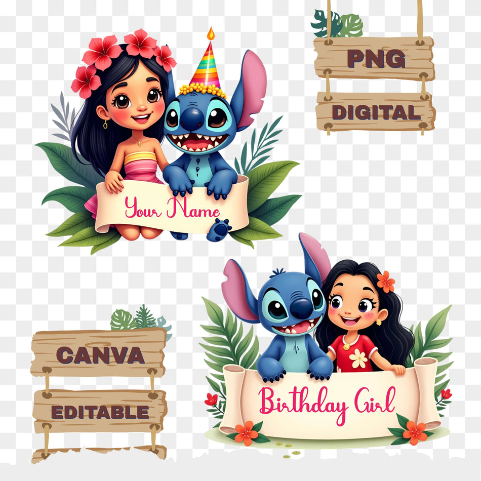 Editable Stitch & Lilo Birthday PNG | Custom Name & Birthday Girl Design | Instant Download - C35