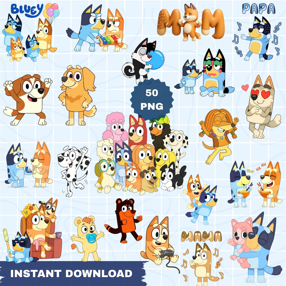 Bluey Family PNG Bundle | 50 Blue Dog Clipart | Bluey & Friends Sublimation | Instant Download - C32