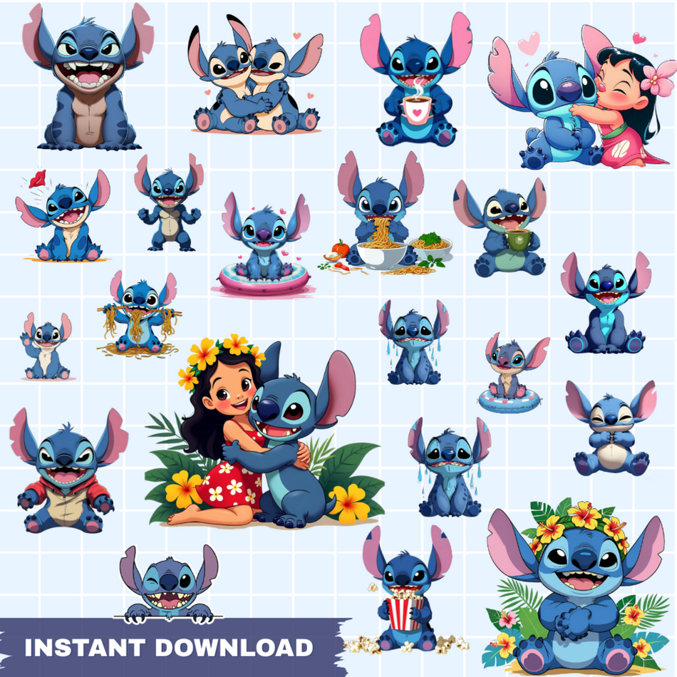 Stitch & Lilo Cartoon PNG Bundle | 23 Ohana Sublimation Designs | Digital Sticker Pack | Instant Download - C43