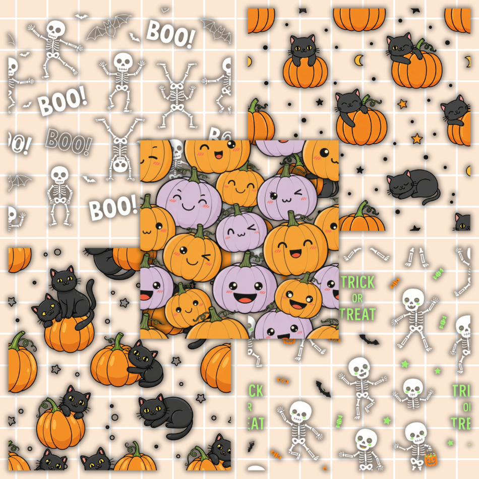 Halloween Digital Paper Bundle | 7 Seamless PNG Patterns | Skeletons, Pumpkins & Cats | Instant Download - C118